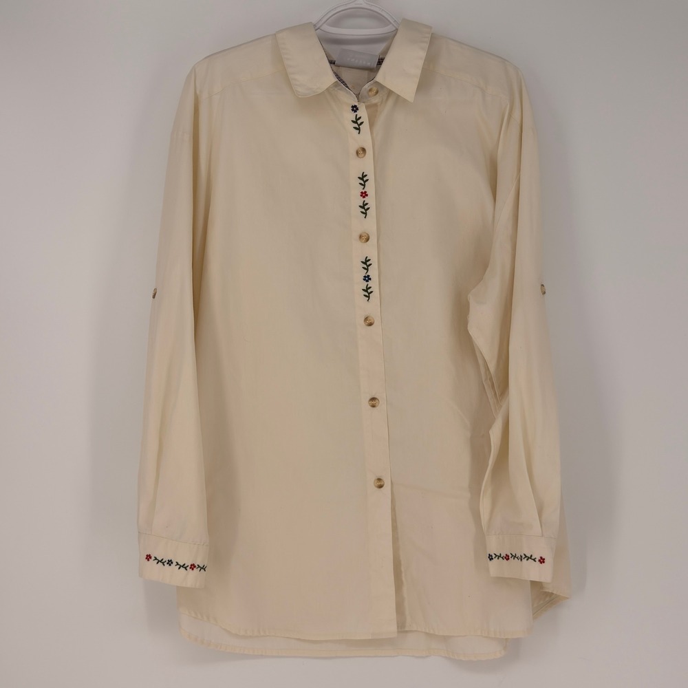 Jantzen Woman Button Down Shirt Womens XL Cream Floral Embroidered Cottagecore